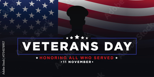 Veterans Day Banner design with Honoring all who served text and USA flag illustration. Honor for heroes