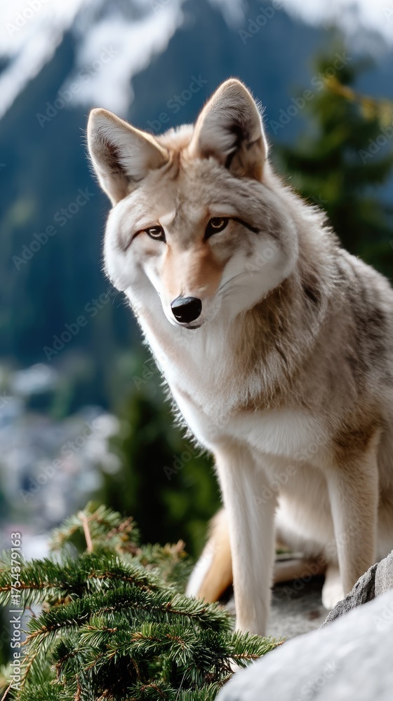 Fototapeta premium Coyote resting on a rocky outcrop in the mountains during daylight, surrounded by lush greenery and breathtaking views