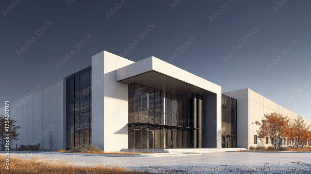Obraz premium Minimalist distribution center with a stark white facade and autumn trees