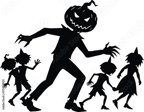 Pumpkin Headed Monster Chasing Kids Silhouette | Scary Pumpkin Creature Running After Children
