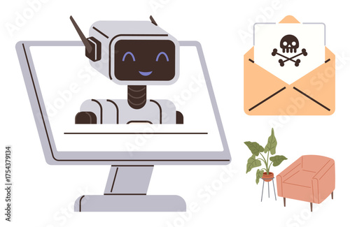 Smiling robot on a computer screen, hazardous email imagery, and a homely setup with plant and chair. Ideal for technology, security, communication, AI, cyber danger, home office simple flat