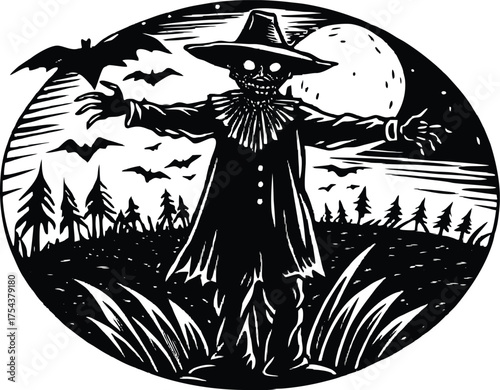 Scarecrow In Haunted Field With Moon Silhouette | Halloween Scarecrow Under Full Moon Scene