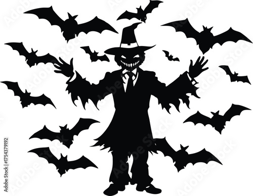 Scarecrow Surrounded By Flying Bats Silhouette | Creepy Scarecrow With Bats In Night Sky