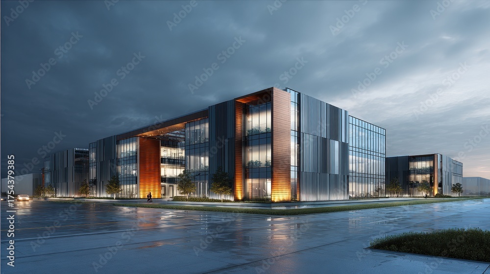 Obraz premium Modern Green Industrial Park Building Exterior with Geometric Design
