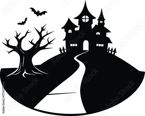 Spooky Road Leading To Haunted House Silhouette | Dark Pathway To Ghostly Mansion Illustration