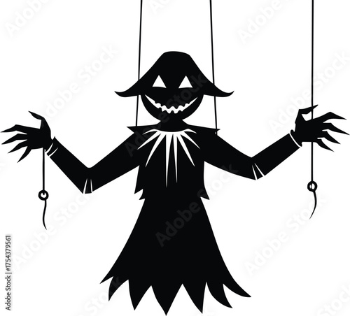 Spooky Puppet Hanging From String Silhouette | Creepy Marionette Dangling From Rope Halloween Design