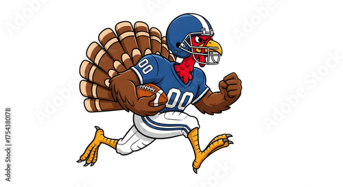 Cartoon turkey wearing a blue football uniform and helmet, running with a football, isolated on transparent background