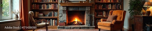 Cozy Living Room Fireplace Warm & Inviting Atmosphere Perfect for Reading or Quiet Conversation. Plush Armchair, Bookshelves, Throw Blanket. Ideal for Relaxation and Comfort.