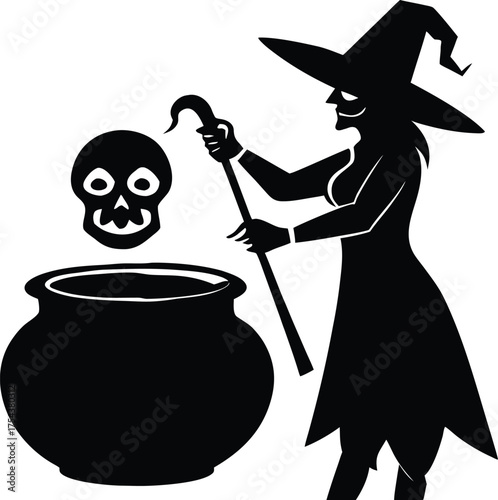 Witch Stirring Cauldron With Skull Spoon Silhouette | Spooky Witch Mixing Brew With Bone Spoon