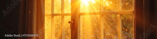Golden Sunlight Streams Through Window, Dust Motes Dance in Warm Rays, Cozy Home Interior, Relaxing Atmosphere, Nature Inspired