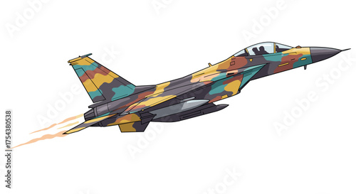 Modern Fighter Jet in Flight with Camouflage Design and Smoke Trail, Aviation Theme