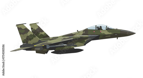 Military fighter jet with camouflage pattern in a side profile view isolated on a white background