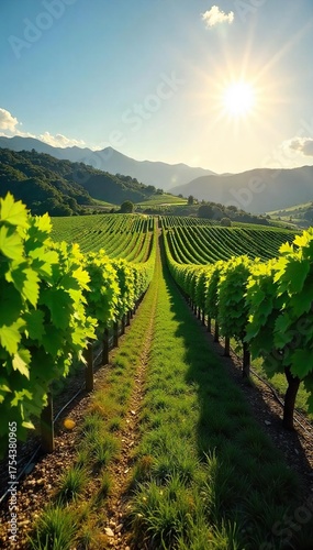 Sun-Drenched Vineyard Rows at Harvest Lush Greenery and Rolling Hills Create a Stunning Landscape