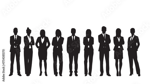 Corporate Business Team Silhouette Vector  Black Professional Men and Women Standing on White Background for Teamwork and Leadership Concepts (1).eps