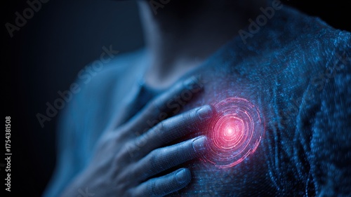 A digital representation of a person with a glowing heart symbol, conveying themes of technology, emotion, and the human experience.
