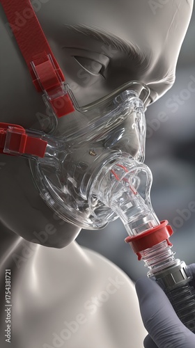 A close-up image of a mask being fitted to a mannequin, showcasing its transparent design and red straps.
