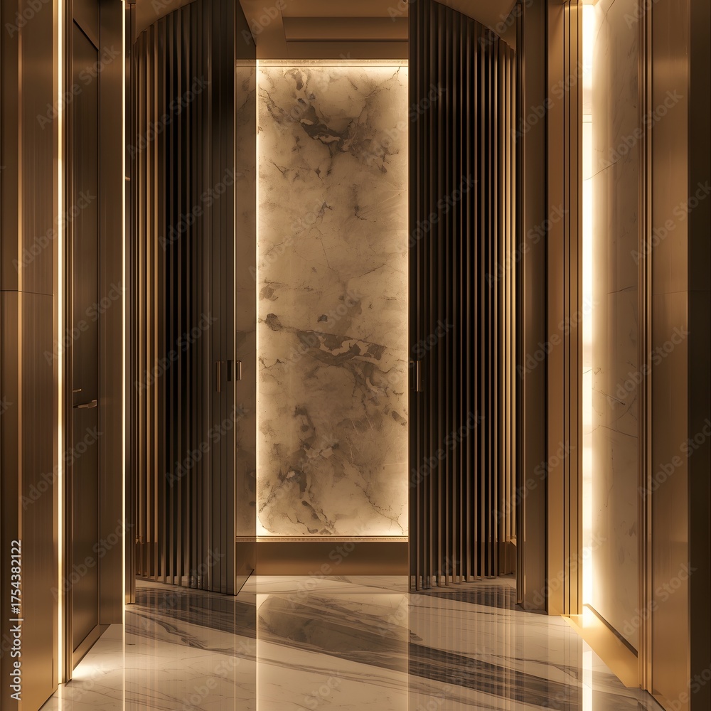 Fototapeta premium Modern Compact Apartment with Gold Accents and Hidden Smart Details