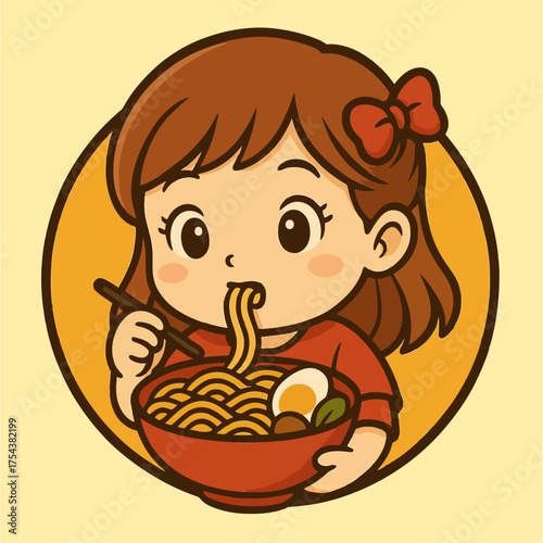 female character eating noodles, Food blogger reviewing noodle, Vector illustration	
