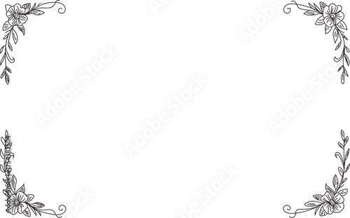 Hand Drawn Floral Corner Border Vector. Elegant Decorative Frame Line Art Design