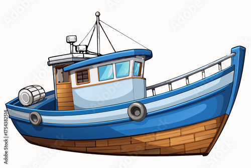 Wooden Fishing Boat Isolated on Transparent Background – Ocean Trawler Marine Vessel.
