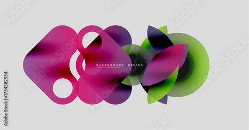 Abstract shapes overlap, creating vibrant color blends. Pink, purple, green hues dominate design. Minimalist style, modern aesthetic.