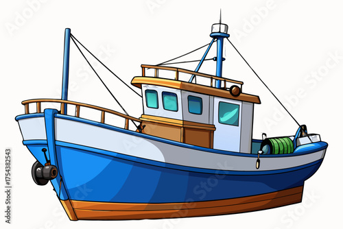 Wooden Fishing Boat Isolated on Transparent Background – Ocean Trawler Marine Vessel.