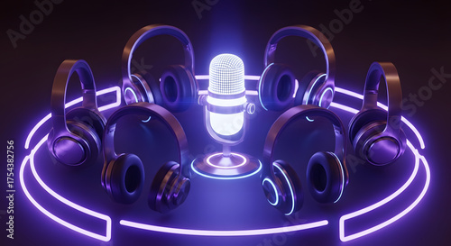 Podcast Studio: Microphone Surrounded by Headphones with Neon Glow