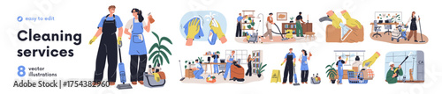 Cleaning service set. Professional cleaners in uniform with mop, brush, vacuum cleaner, equipment during office and commercial cleanup. Workers, janitors teams at work. Flat vector illustration