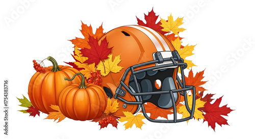 An orange football helmet surrounded by pumpkins and autumn leaves, isolated on transparent background