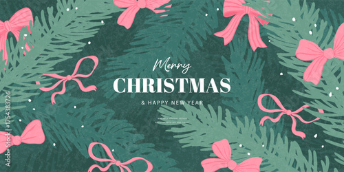 Christmas festive background with fir branches, cute pink bows and falling snow, for holiday banner or greeting card, vector illustration.