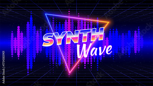 Retro futuristic abstract background. Synthwave 80s style poster. Music template. Neon triangle, 3d laser grid, audio signal waveform. Wireframe, mesh floor. Starry sky background. Vector