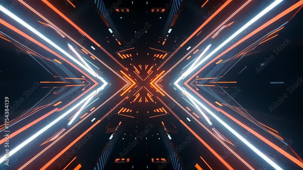 Futuristic Abstract Glowing Tunnel with Neon Lights and Geometric Shapes for Technology Background