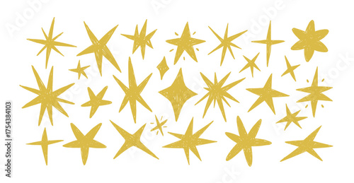 Stars, crayon and chalk textured sparks, doodle hand-drawn style set. Sparkle sketches, scribble twinkles, light design elements, rough shapes. Flat vector illustrations isolated on white background