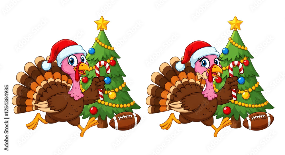Naklejka premium Two cartoon turkeys wearing santa hats and running next to a christmas tree with footballs at its base, isolated on transparent background