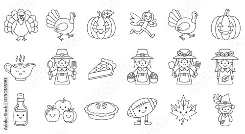 Collection of thanksgiving and autumn themed cartoon icons and illustrations, isolated on transparent background