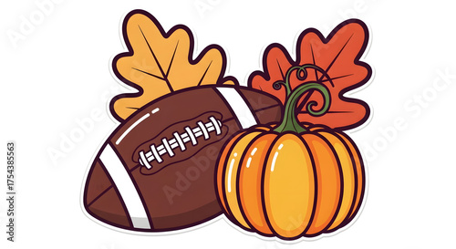 American football and pumpkin with autumn leaves isolated on transparent background