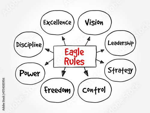 Eagle Rules - principles or behaviors that reflect the power, focus, and vision of an eagle, text concept mind map