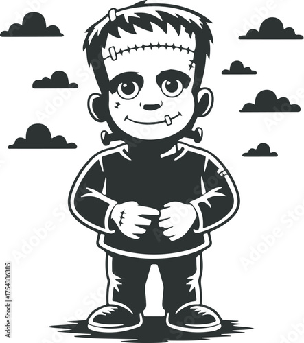 Adorable cartoon frankenstein monster with cloudy sky adorable halloween character art