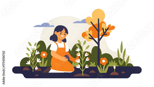 social campaign emotive portrait illustration A woman gardening outdoors, surrounded by plants, flowers, and trees in a vibrant natural setting.