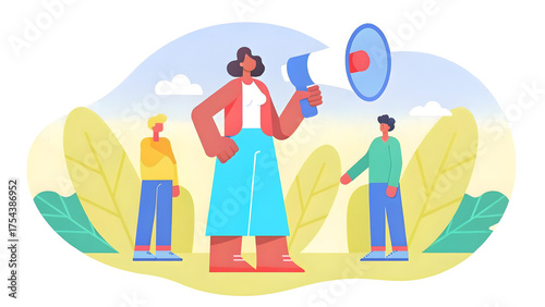 social campaign emotive portrait illustration Woman with megaphone speaking to two people outdoors, symbolizing leadership and communication.