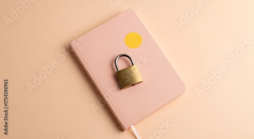 Closed pink notebook secured with a golden padlock and yellow sticker