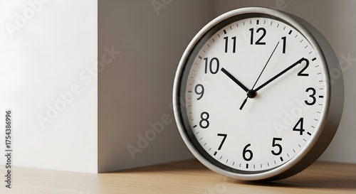 Close up of a simple white analog wall clock on a wooden surface