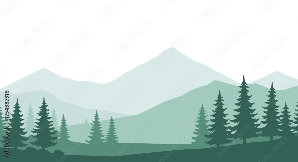 Fototapeta premium Minimalist Landscape of a Wide Forest With Tall Mountains in the Background and Several Pine Trees in the Foreground