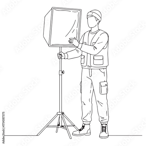 Modern Studio Filmmaker Line Art – Filmmaker Vector Illustration Displaying Refined Lines – Filmmaker Drawing – Line Art Drawing of Filmmaker – Filmmaker Icon