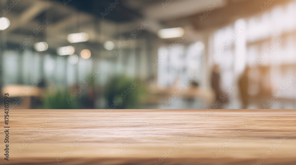 custom made wallpaper toronto digitalClean modern wooden surface in foreground with blurred open-plan office background, natural light, seating areas,