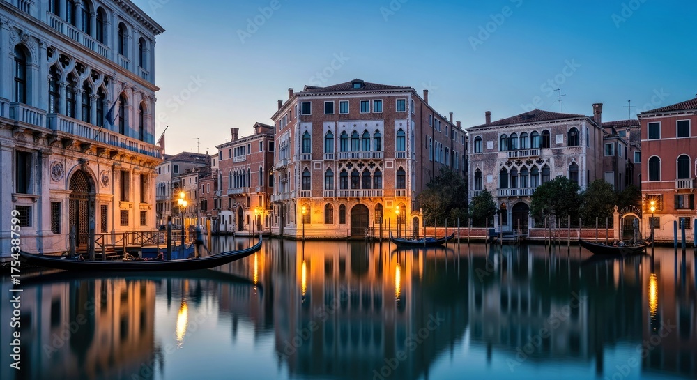 Fototapeta premium Venice Grand Canal Twilight: Experience the enchanting twilight over Venice's Grand Canal, as elegant historic buildings and classic gondolas. capture the beauty of the city at dusk.