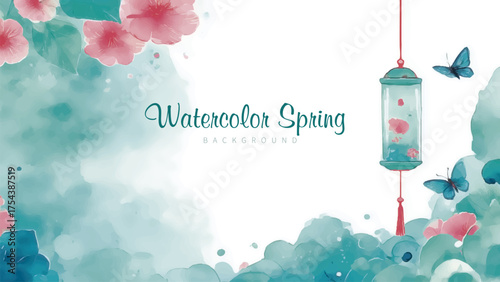 Watercolor Spring Flowers, Butterflies, and Lantern Background. A delicate hanging lantern with a tassel is also shown, adding an elegant, whimsical touch.