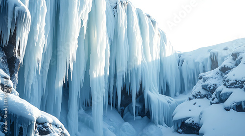 Fototapeta Naklejka Na Ścianę i Meble -  Frozen Cascade: A breathtaking panorama of nature's icy artistry, showcasing a waterfall encased in a dazzling display of icicles, creating a serene winter wonderland. 