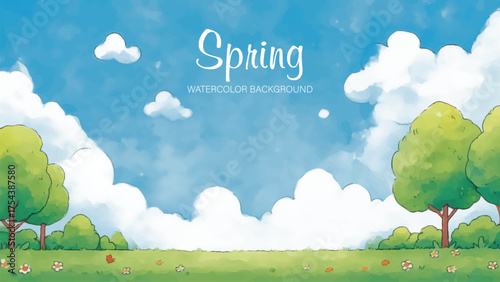 Watercolor Spring Landscape with Trees and Clouds. The sky is a brilliant blue with fluffy white clouds, all rendered in a soft, painterly watercolor style.