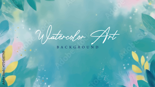 Watercolor Summer Teal Leaves and Branches Background. This artistic and tranquil design is perfect for summer-themed projects, capturing the feeling of a calm, lush oasis.